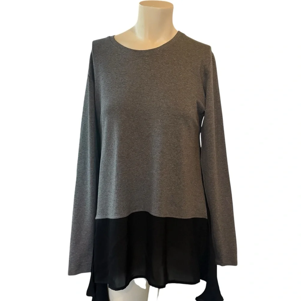 Harari Gray Black Color Block Long Sleeve Asymmetrical Hem Blouse Women’s Small - Picture 4 of 9